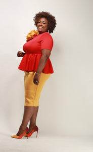 Red/Yellow short sleeved peplum dress